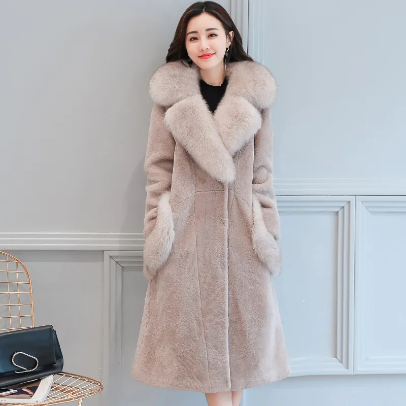 2018 Autumn And Winter Sheep Sheared Coat Women Medium Long Faux Fur Coat High Imitation Fox Fur Collar Manteau Femme Hiver AS080 (29)