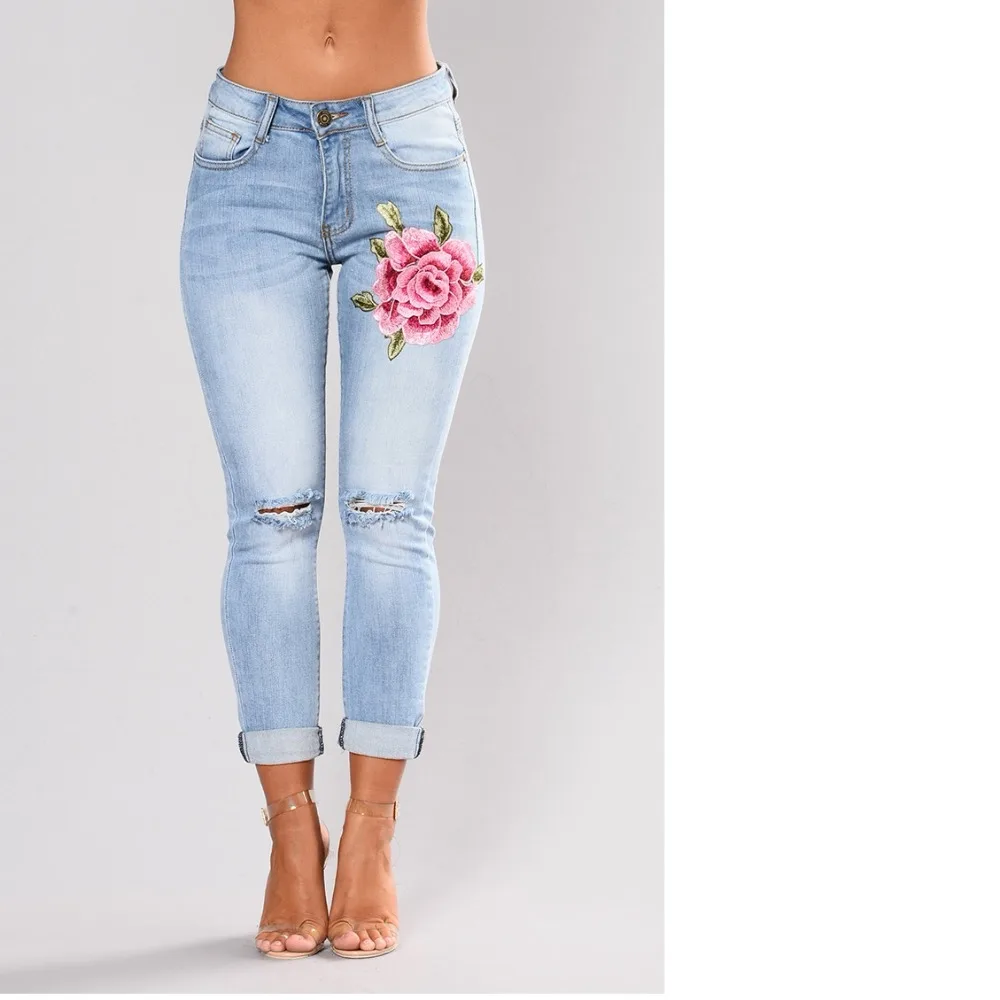 Women Elastic Stretch Embroidered Flower Jeans Denim Pants Hole Ripped Rose Pattern Ladies Pencil Jeans pants Pantalon Femme
Women Elastic Stretch Embroidered Flower Jeans Denim Pants Hole Ripped Rose Pattern Ladies Pencil Jeans pants Pantalon Femme