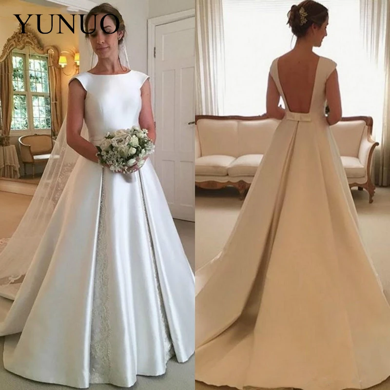 Satin Wedding Dresses A Line Cap Sleeve Sexy Backless Bridal Gowns with Lace Gown Vestido De Novia | Свадьбы и торжества