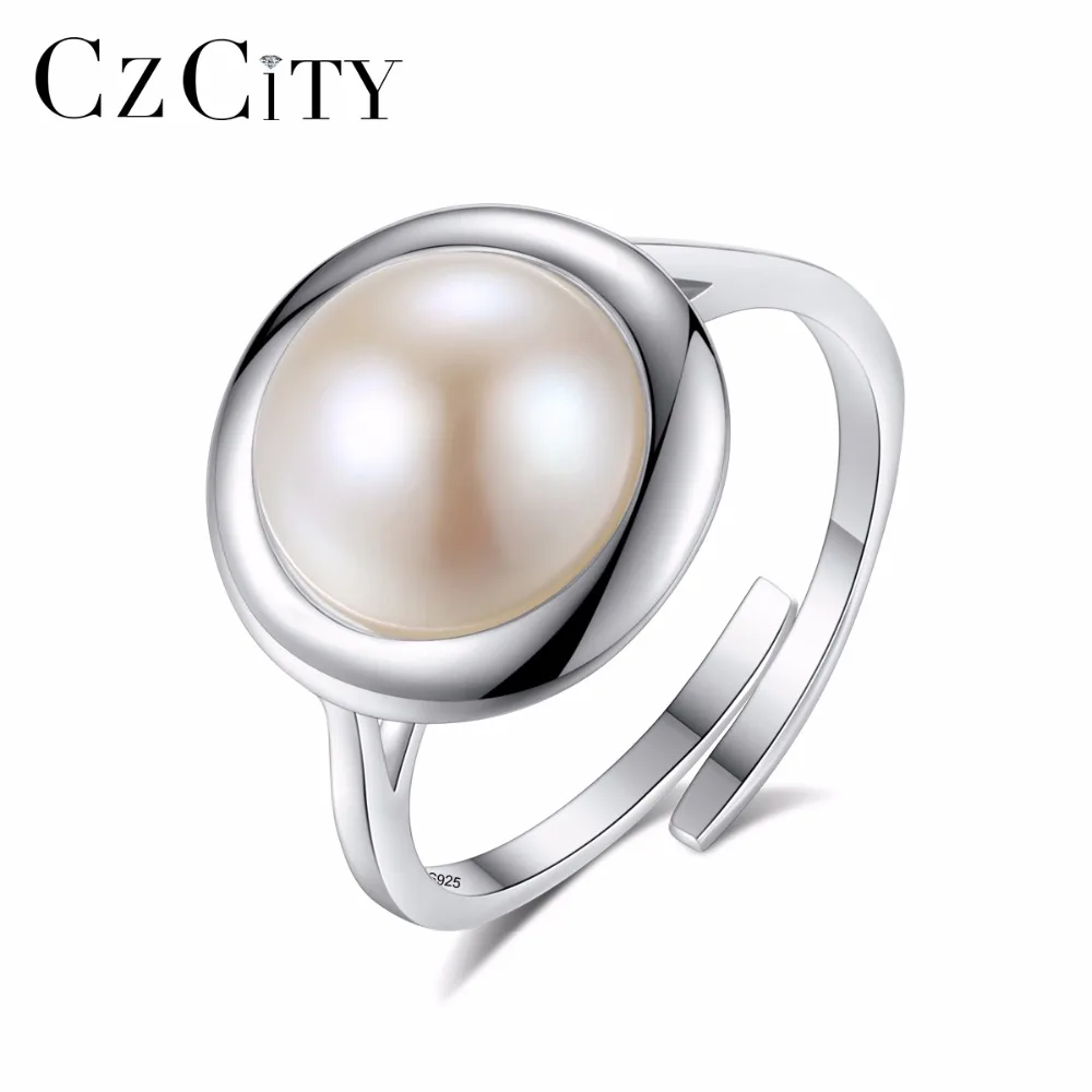 

CZCITY 925 Sterling Silver Female Adjustable Rings 10-10.5mm Big Freshwater White Natural Pearl Women Bridal Wedding Jewelry