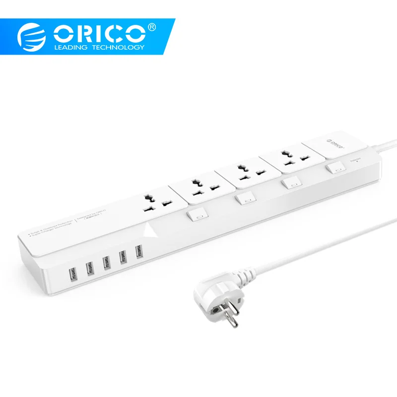 

ORICO OSJ-4A5U Surge Protector With 5 USB Charger 4 Universal AC Plug Multi-Outlet Travel Power Strips -White