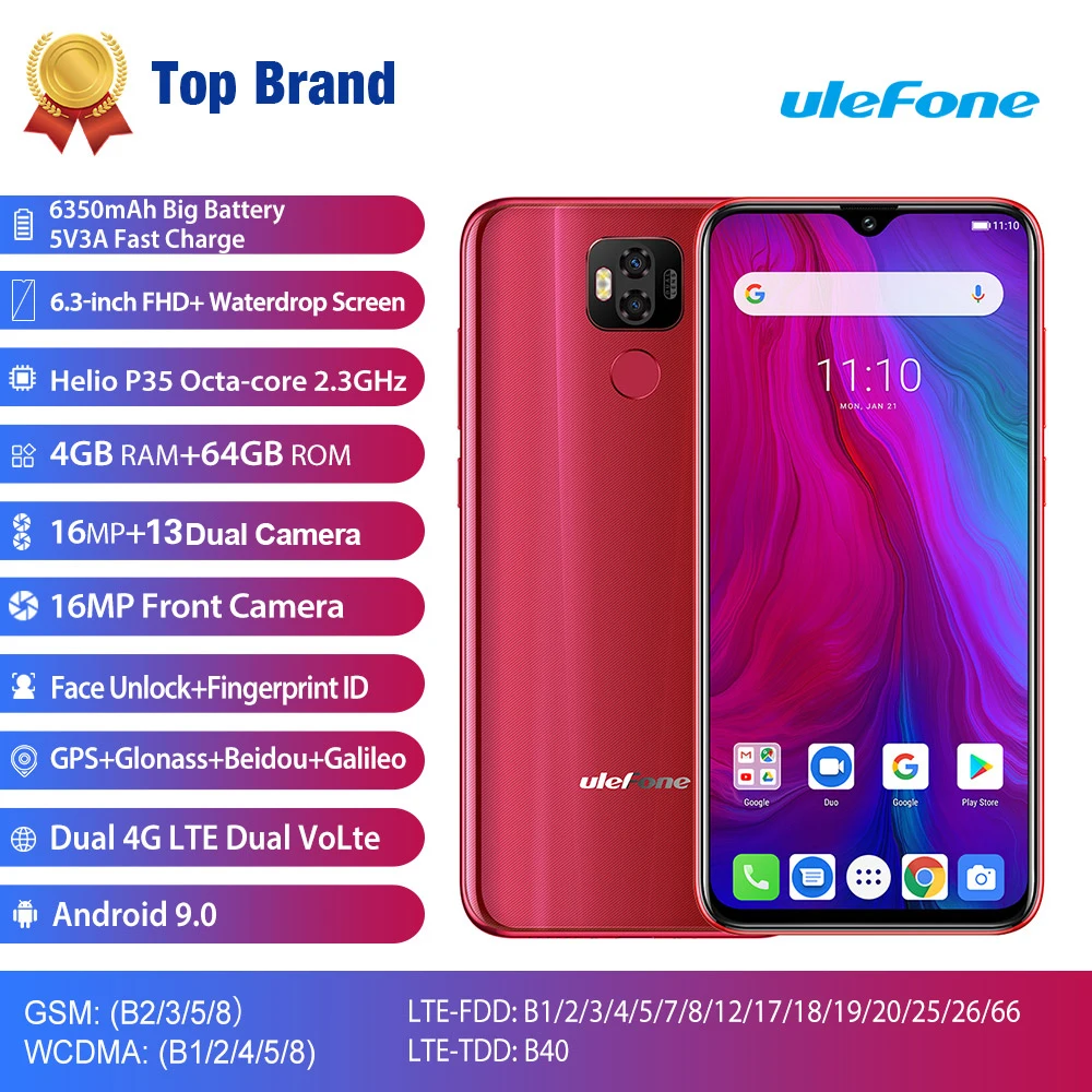 

Ulefone Power 6 5800mAh Android 9.0 Helio P35 Octa Core Mobile Phone 4GB RAM 64GB ROM 6.3'' Face Unlock OTG NFC 4G Smartphone