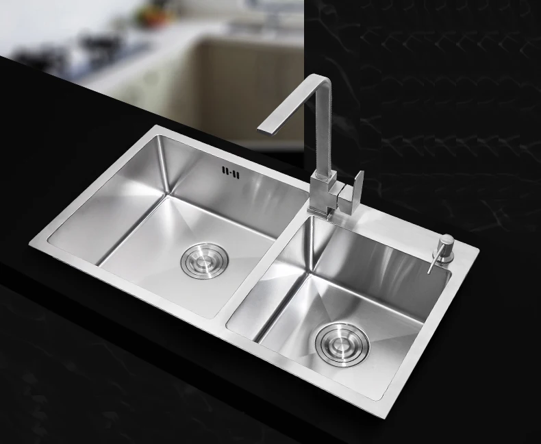 Image 730*400mm 304 Stainless steel rectangular Manual kitchen sink set with Dish network   Soap dispenser   Drainage Fittings Thicken