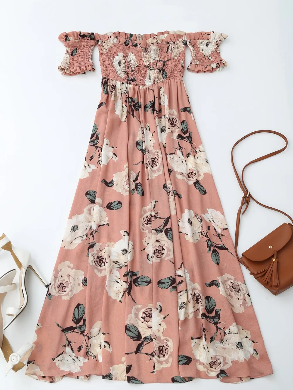 AZULINA Ruffles Off Shoulder Shirred Floral Maxi Dress Boho Tunic Women Short Sleeve Bohemian Long Dress Female 2017 Robe Femme 2