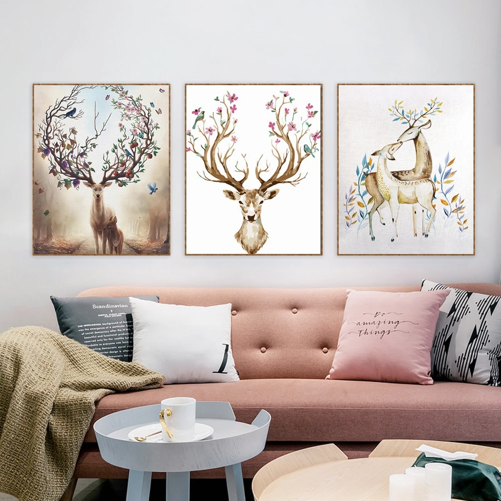Laeacco Animal Canvas Painting Cartoon Deer Posters and Prints Wall Art Pictures for Living Room Kids Decoration Home Decor | Дом и сад