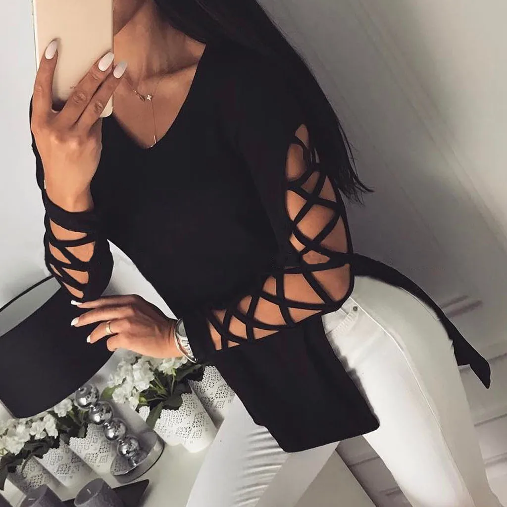 2019 Summer Women T Shirt Solid Long Sleeve Side Split Tee Shirt Solid V Neck Hollow Out Tunic Tee Tops Pullover
2019 Summer Women T Shirt Solid Long Sleeve Side Split Tee Shirt Solid V Neck Hollow Out Tunic Tee Tops Pullover