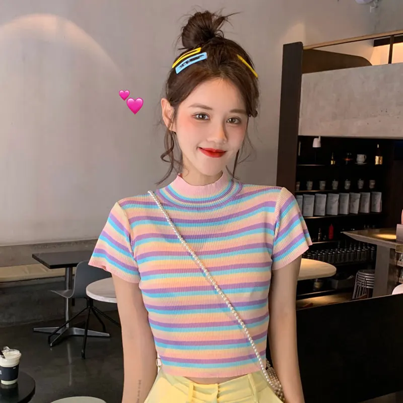 Rainbow Crop Top Korean Style Summer Women T Shirts Hot Sale Short Sleeve Women Clothing Fashion Slim Tee Shirt Strip Harajuku
Rainbow Crop Top Korean Style Summer Women T Shirts Hot Sale Short Sleeve Women Clothing Fashion Slim Tee Shirt Strip Harajuku