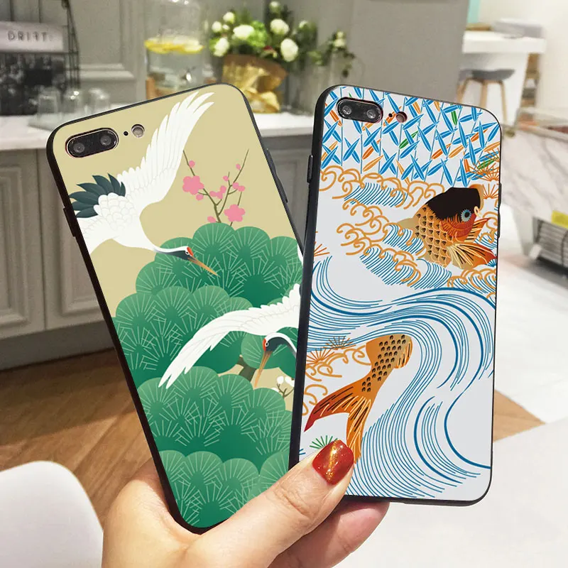 Чехол с рисунком японской рыбы и птицы для iPhone X 5 S 5S XR XS Max 6 6S 7 8 Plus мягкий