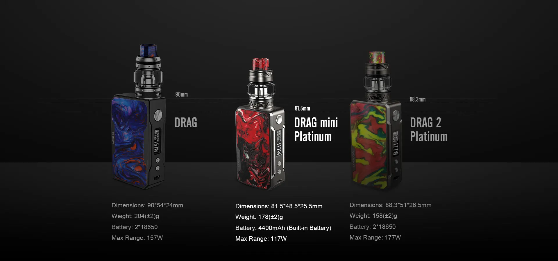 Newest Original VOOPOO Drag Mini Platinum 177W TC Kit With 5ml Uforce T2 Subohm Tank U2 N3 Coil Support 18650 Battery Vape Kit