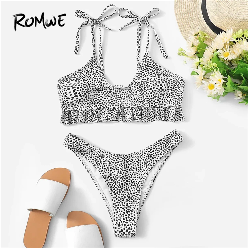 Romwe Sport Bikinis Set Black and White Dot Print Ruffle Knot Top With High Cut Bottoms Swimsuit Women Summer Beach Swimwear
Romwe Sport Bikinis Set Black and White Dot Print Ruffle Knot Top With High Cut Bottoms Swimsuit Women Summer Beach Swimwear