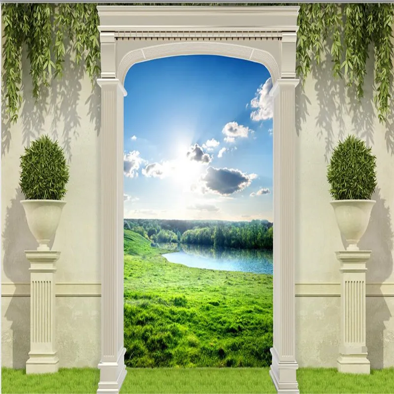 

beibehang 3D Balcony Roman Columns Green Leaves Background Modern Mediterranean Mural for Living Room Large Painting Home Decor