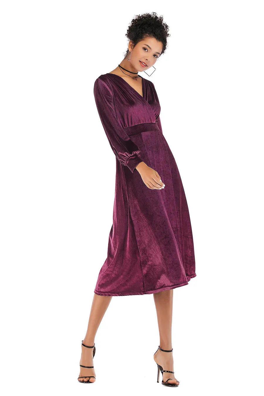 Gladiolus 2018 Autumn Winter Dress Women Long Sleeve V-Neck Tunic Swing Midi Sexy Gold Velvet Dress Women Evening Party Dresses (12)