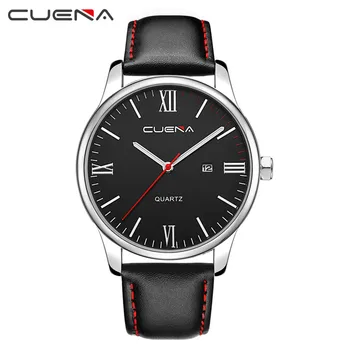 

CUENA Men Watch Luxury Faux Leather Blue Ray Glass Quartz With Calen mens watches man watch 2019 reloj hombre erkek kol saati