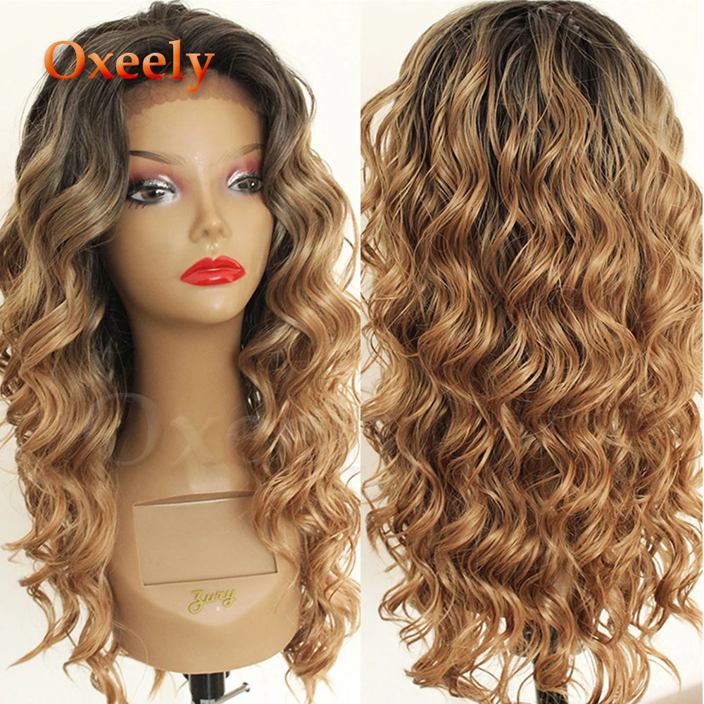 

Oxeely Ombre Brown Loose Wavy Hair Synthetic Lace Front Wigs Blonde Loose Waves Wig Heat Resistant Glueless for Black Women
