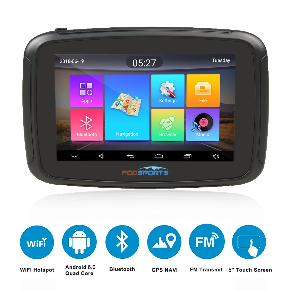 Fodsports ipx7 водонепроницаемый навигатор для мотоцикла 5 дюймов GPS Wi Fi 16 ГБ android 6 0 FM