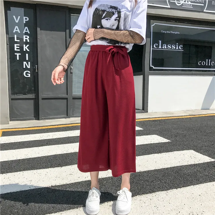 Plus Size - Casual Elastic Waist Loose Wide Leg Pants Preppy Style Trousers Female Palazzo Pants (Us 18W-20W)