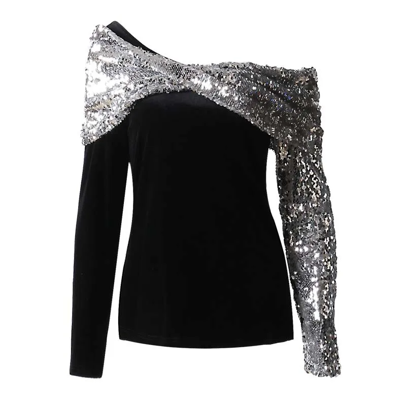 New Spring Silver Sequins Patchwork Elastic Velvet Sexy Strapless Shoulder Shirt Long Sleeve Sweatshirt Women Fashion Casual
New Spring Silver Sequins Patchwork Elastic Velvet Sexy Strapless Shoulder Shirt Long Sleeve Sweatshirt Women Fashion Casual