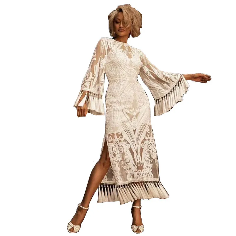Embroidery Lace Tassel Party Dress Women Flare Sleeve Bodycon Vintage Dress Female Transparent Summer Dress
Embroidery Lace Tassel Party Dress Women Flare Sleeve Bodycon Vintage Dress Female Transparent Summer Dress