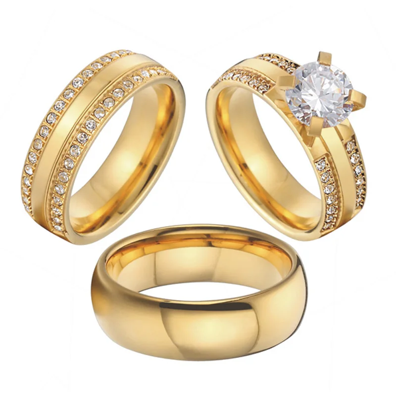 China wholesaler beautiful custom gold color 3 pieces titanium steel couples wedding band engagement rings sets anel (3)