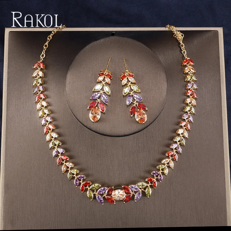 RAKOL Trenday Multicolor Cubic Zirconia Leaf Necklace & Earrings Gold Jewelry Set African For Brides Women Accessories
RAKOL Trenday Multicolor Cubic Zirconia Leaf Necklace & Earrings Gold Jewelry Set African For Brides Women Accessories