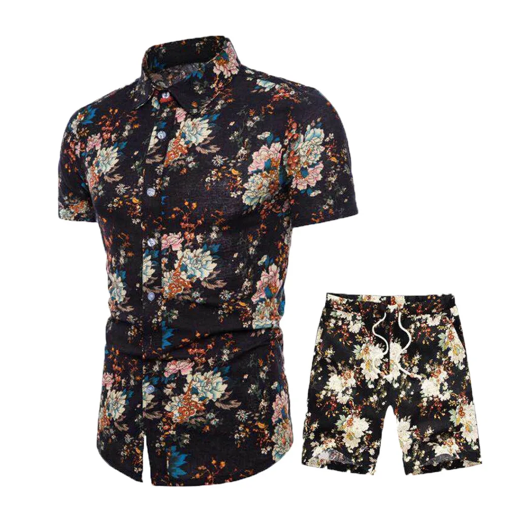 Summer new men's suit collar casual comfortable short-sleeved shorts print set T611
Summer new men's suit collar casual comfortable short-sleeved shorts print set T611