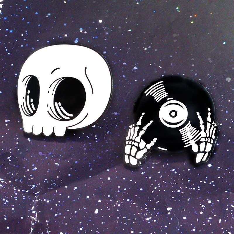 Halloween Punk Cartoon White Skull Black Skeleton Record Hands DJ Pin Denim Shirt Collar Lapel Pins Buckle Badges Goth Brooc | Украшения и