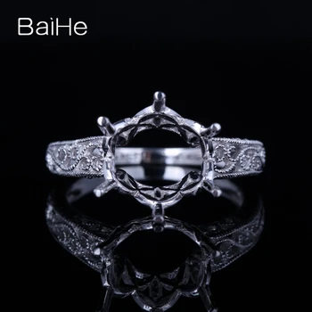 

BAIHE Solid 14K White Gold Ring Semi Mount Cubic Zirconia Fine Jewelry Vintage Round Filigree Milgrain Prong Setting Women Ring