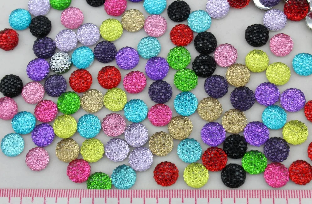 

200pcs 10mm cabochons Assorted Bling Round Rhinestones/Gems flat back embellishment resin cab mixed color dotted crystal