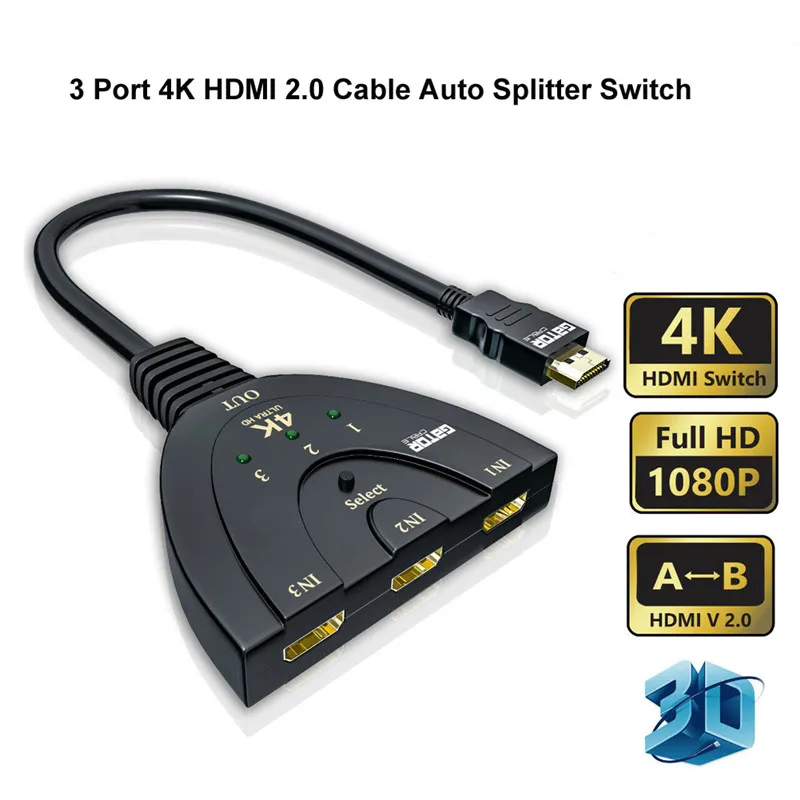 3 Port 4K HDMI 2.0 Cable Splitter Switch Multi-Way 4K*2K 3D 1080P HDMI Switch Switcher Splitter Ultra HD For HDTV DVD PS3 3E04
3 Port 4K HDMI 2.0 Cable Splitter Switch Multi-Way 4K*2K 3D 1080P HDMI Switch Switcher Splitter Ultra HD For HDTV DVD PS3 3E04