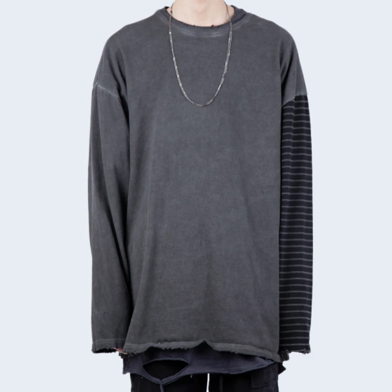 Autumn Striped Sleeve Distressed T-shirt Garment-wash Ripped Cotton Tee Korean Fashion Streetwear
Autumn Striped Sleeve Distressed T-shirt Garment-wash Ripped Cotton Tee Korean Fashion Streetwear