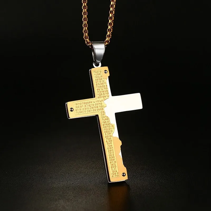 Image Men s Stainless Steel Pendant Necklace Gold Silver Bible Lords Prayer Jesus Christ Crucifix Cross Vintage Jewelry 24