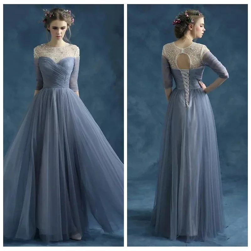 Sheer O-Neck Half Sleeves A-Line Prom Dresses Tulle Beaded Crystal Long Lace Up Back 2019 Modest Evening Party Gowns Pleated
Sheer O-Neck Half Sleeves A-Line Prom Dresses Tulle Beaded Crystal Long Lace Up Back 2019 Modest Evening Party Gowns Pleated