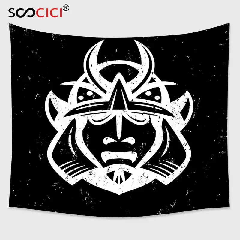 

Cutom Tapestry Wall Hanging,Japanese Decor Traditional Ancient Martial Helmet Eastern Medieval Spiritual War Mythology Pattern