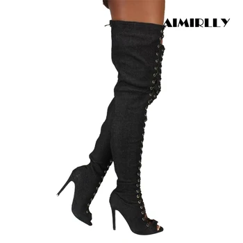 Ladies Women Over the Knee Boots Peep Toe Lace UP Long Boots Black Denim Big Size 4-15.5 Handmade Support Custom Size
Ladies Women Over the Knee Boots Peep Toe Lace UP Long Boots Black Denim Big Size 4-15.5 Handmade Support Custom Size