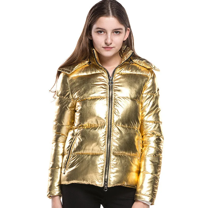 Women Winter Jacket Padded Short Coats Gold Bright Overcoat For Female European Style Hooded Outwear Thick Jackets AS058 (5)