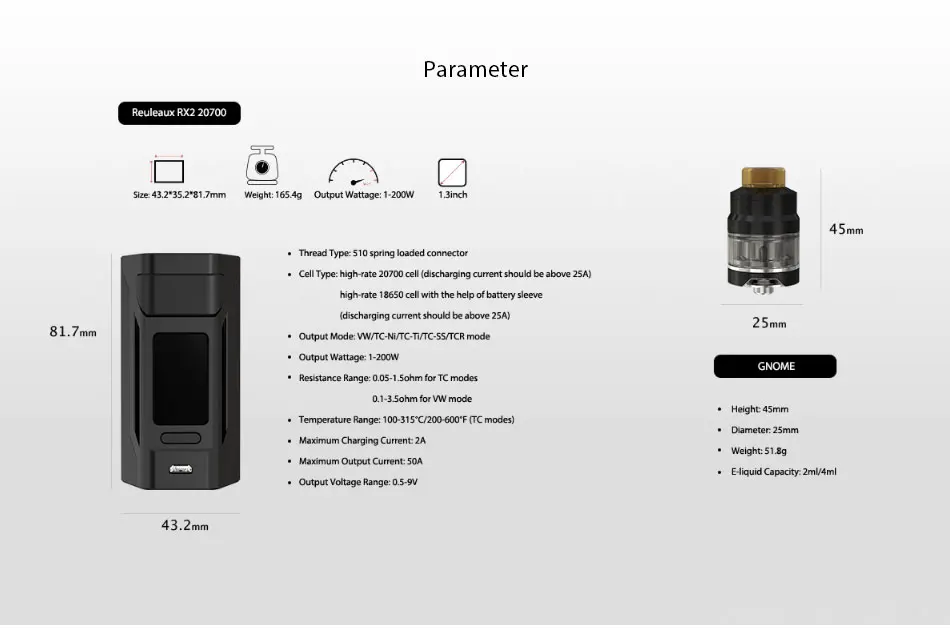 Original WISMEC Reuleaux RX2 20700 200W w/ Gnome TC Kit 2ml Gnome Tank Max 200W Output No 20700 Battery vape kit vs gen3/ rx200s