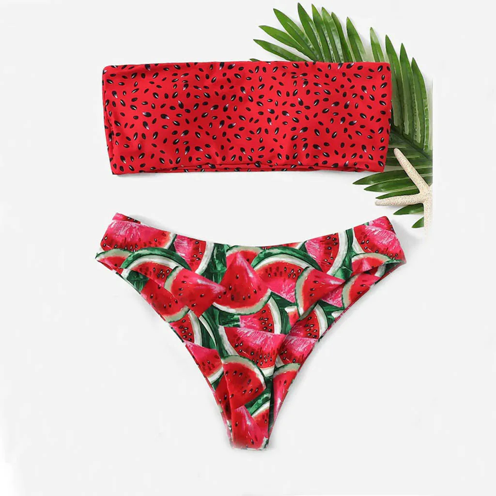 

Women Set Women Fashion Watermelon Print Tube up Two Pieces Bikini Push-Up Swimsuit Strapless Summer Sexy Beachwear