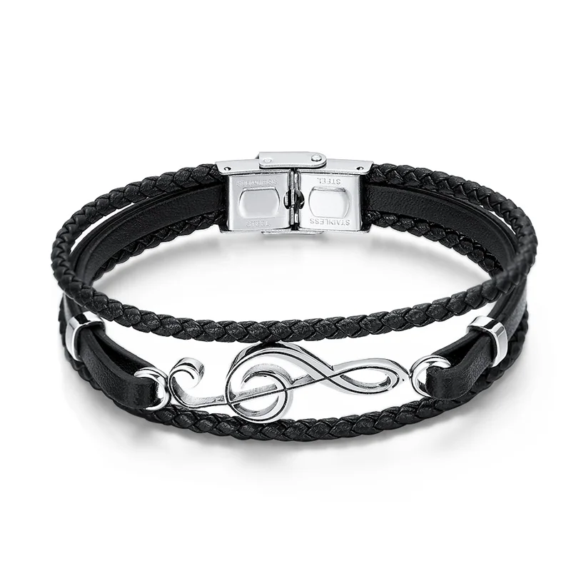 AZIZ BEKKAOUI Unique Punk Stainless Steel Musical Notes Bracelets Male Leather Bracelet for Women Rope Bangle Drop shipping 18