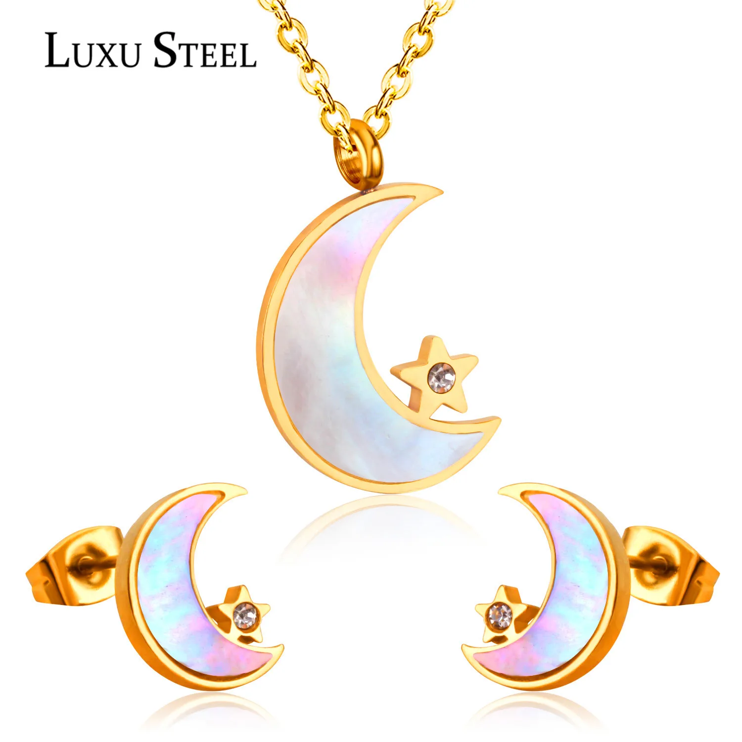 LUXUSTEEL Jewelry Sets For Women Stainless Steel Moon And Star With Round AAA Crystal Pendant Necklace Earrings Bijoux Female
LUXUSTEEL Jewelry Sets For Women Stainless Steel Moon And Star With Round AAA Crystal Pendant Necklace Earrings Bijoux Female