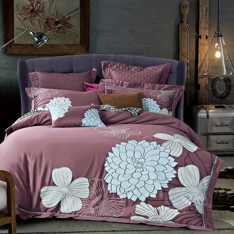 White Flowers Luxury Long Staple Cotton Embroidery Pink Bedding