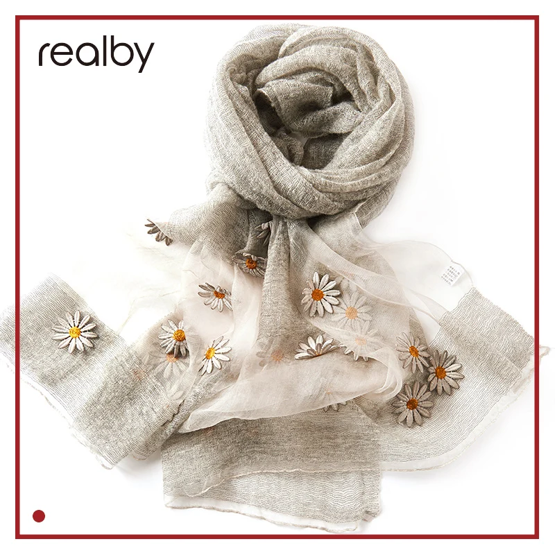 REALBY женский Шелковый шерстяной шарф роскошный бренд модная вышивка платок Femme