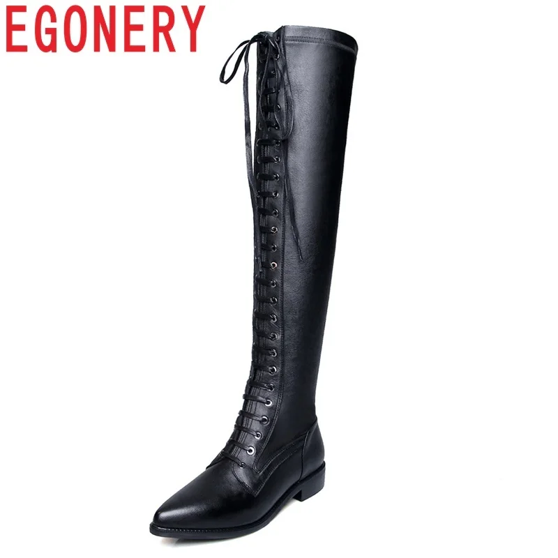 

EGONERY newest genuine leather hot sale pointed toe low square heel cross-tied zipper winter outside fashion over the knee boots