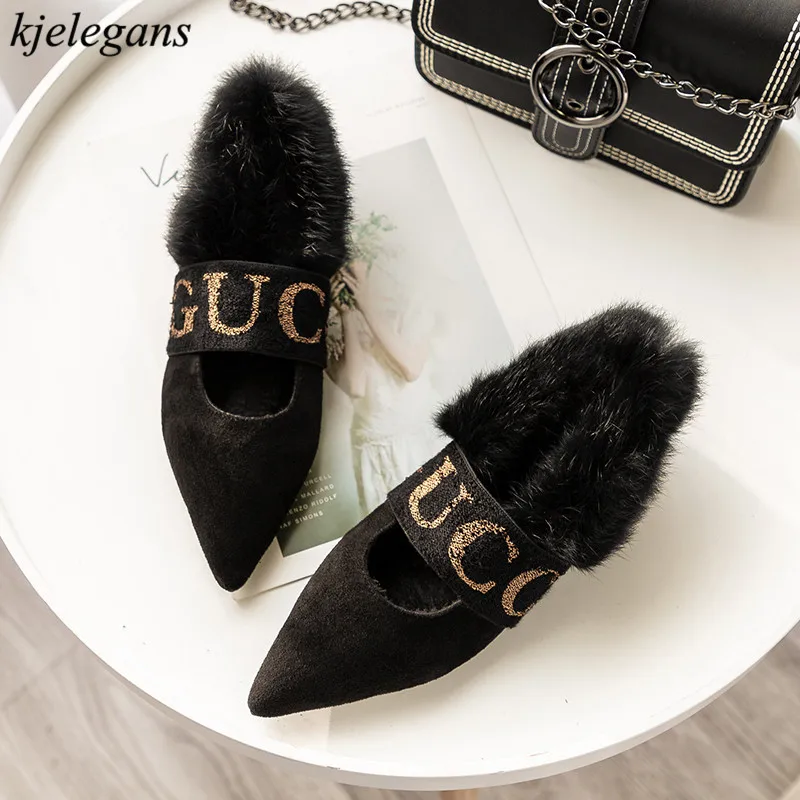 

Kjelegans shallow 2018 flock metal fashion classic Women Pumps high quality plush winter fur corase heels shoes zapatillas mujer