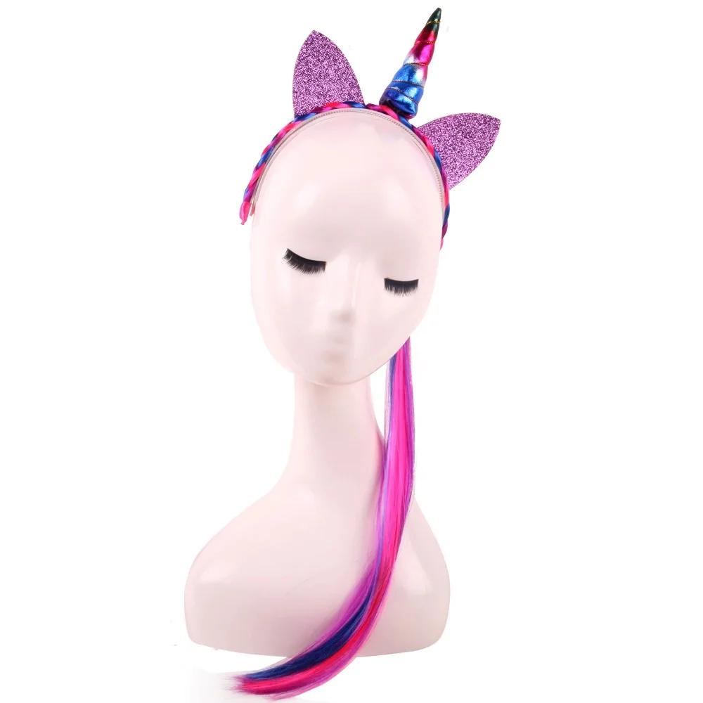 Nishine Rainbow Color Ponytail Unicorn Headbands Glitter Ears Kids Girls Princess Braid Wig Hairbands Hair Accessories 18