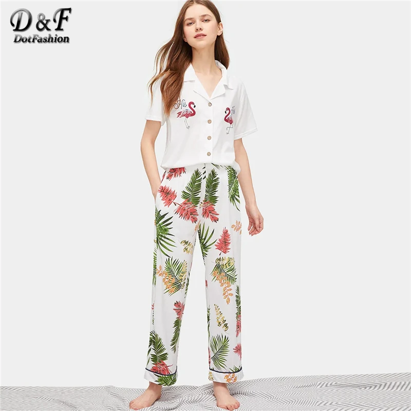 

Dotfashion Flamingo Tropical Print Pajama Set 2019 Pajamas For Women Spring Summer Casual Short Sleeve Ladies Button Loungewear