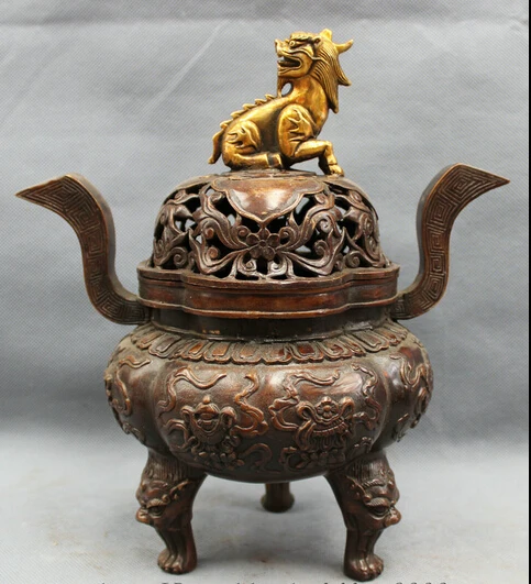 S07177 11" Tibet Bronze Gilt Dragon Kylin Head Statue Auspicious Incense Burner Censer discount 30% (C0324)
S07177 11" Tibet Bronze Gilt Dragon Kylin Head Statue Auspicious Incense Burner Censer discount 30% (C0324)