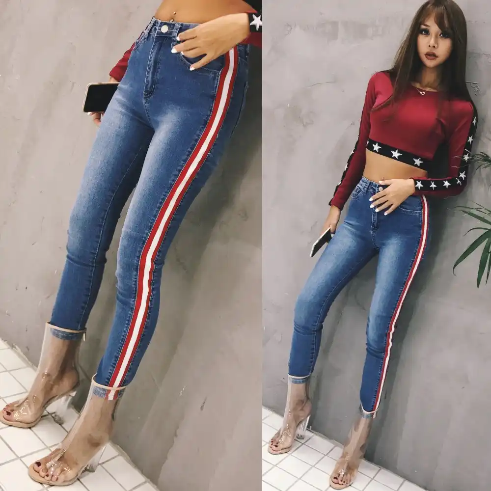 side stripe high waisted jeans