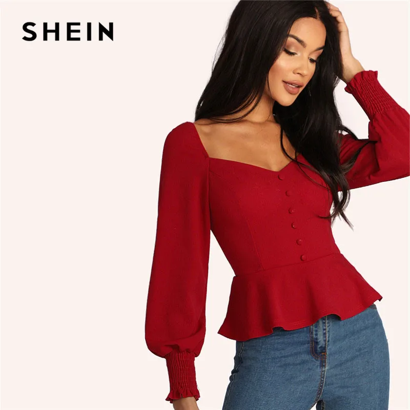 

SHEIN Burgundy Shirred Cuff Button Front Peplum Solid Ladies Tops Spring Bishop Sleeve Slim Fit Elegant Womens Tops And Blouses