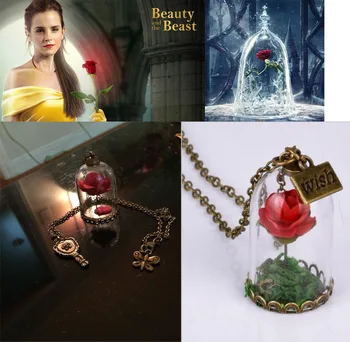 

Freeshipping 10pcs DIY Glass Globe Pendants PRETTY Beauty and the Beast Enchanted Rose Petal Mirror Necklace (finished necklace)