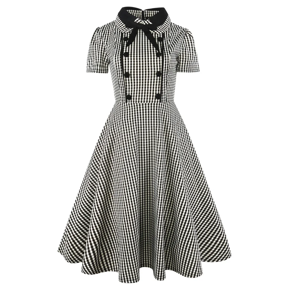 Women Plaid Retro Dress Elegant 2019 Summer Casual Gingham Swing Gown Bow A-line Pin up Robe Vintage 50s 60s Rockabilly Dresses | Женская